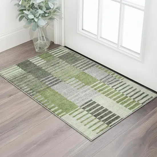 Green Ivory And Gray Striped Washable Area Rug With UV Protection Photo 2