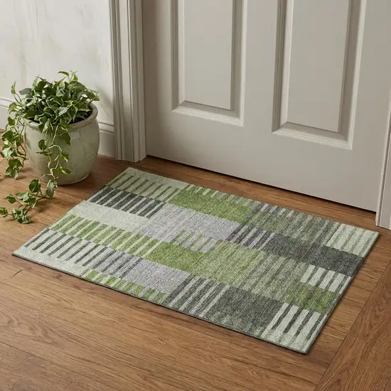 Green Ivory And Gray Striped Washable Area Rug With UV Protection Photo 1