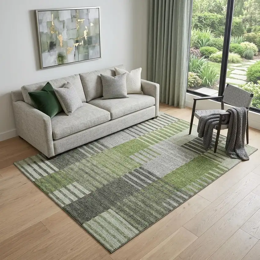 Green Ivory And Gray Striped Washable Area Rug With UV Protection Photo 1