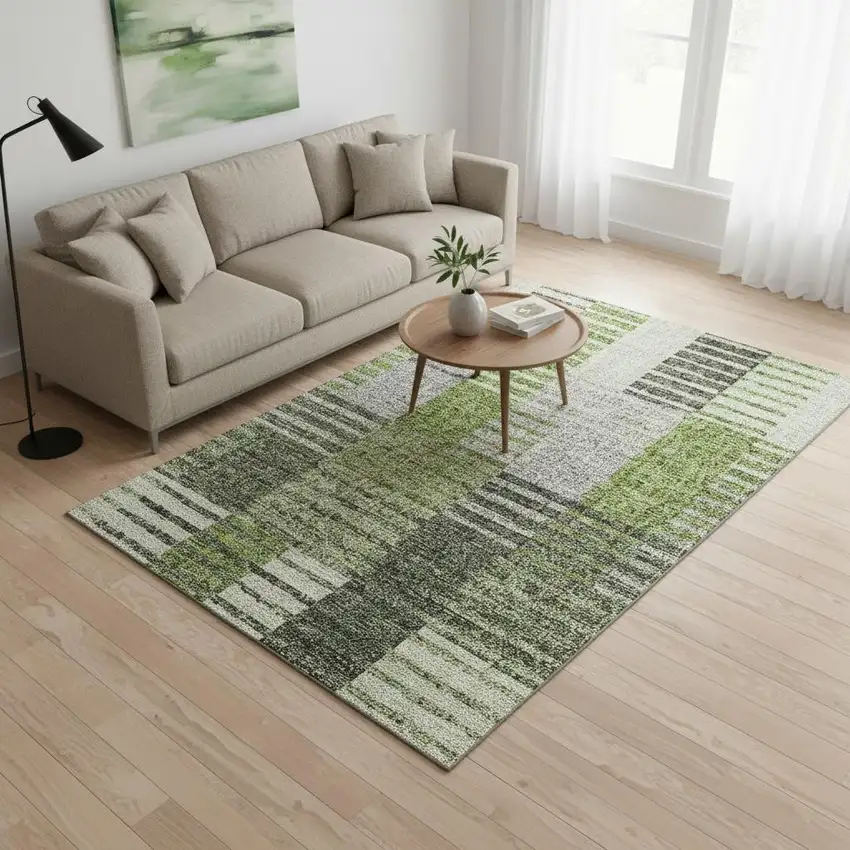 Green Ivory And Gray Striped Washable Area Rug With UV Protection Photo 1