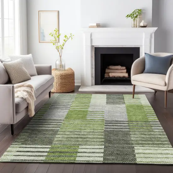 Green Ivory And Gray Striped Washable Area Rug With UV Protection Photo 5