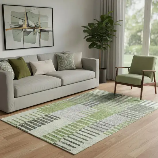 Green Ivory And Gray Striped Washable Area Rug With UV Protection Photo 1