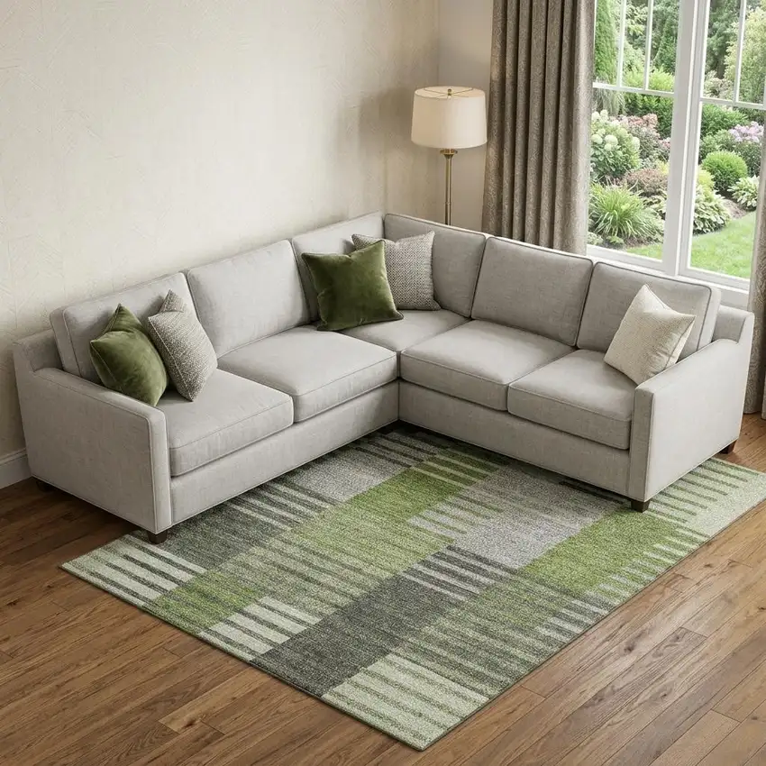 Green Ivory And Gray Striped Washable Area Rug With UV Protection Photo 1