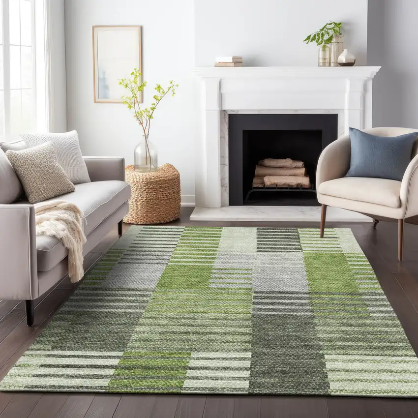 Green Ivory And Gray Striped Washable Area Rug With UV Protection Photo 6