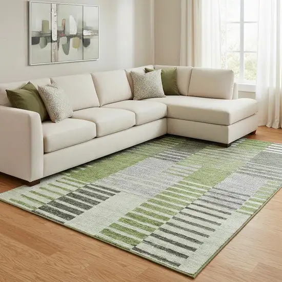Green Ivory And Gray Striped Washable Area Rug With UV Protection Photo 1