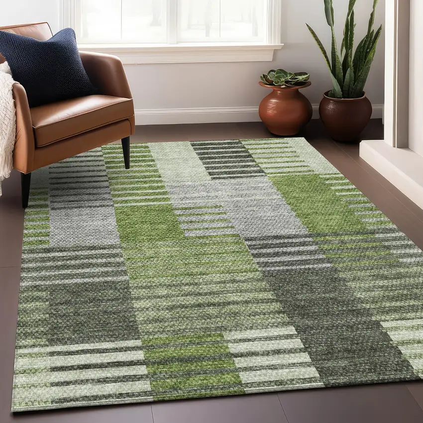 Green Ivory And Gray Striped Washable Area Rug With UV Protection Photo 7