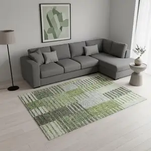 Photo of Green Ivory And Gray Striped Washable Area Rug With UV Protection