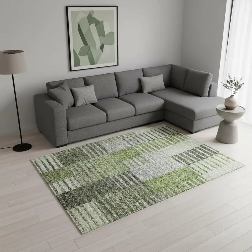 Green Ivory And Gray Striped Washable Area Rug With UV Protection Photo 1