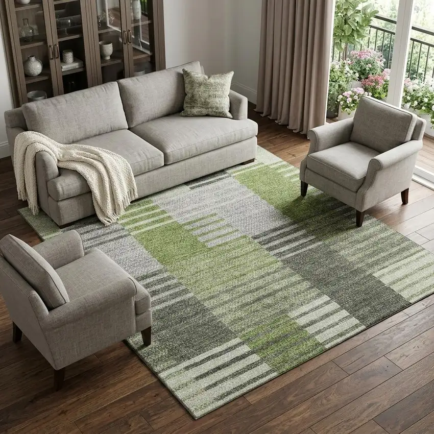 Green Ivory And Gray Striped Washable Area Rug With UV Protection Photo 1