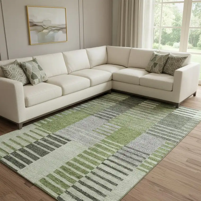 Green Ivory And Gray Striped Washable Area Rug With UV Protection Photo 1