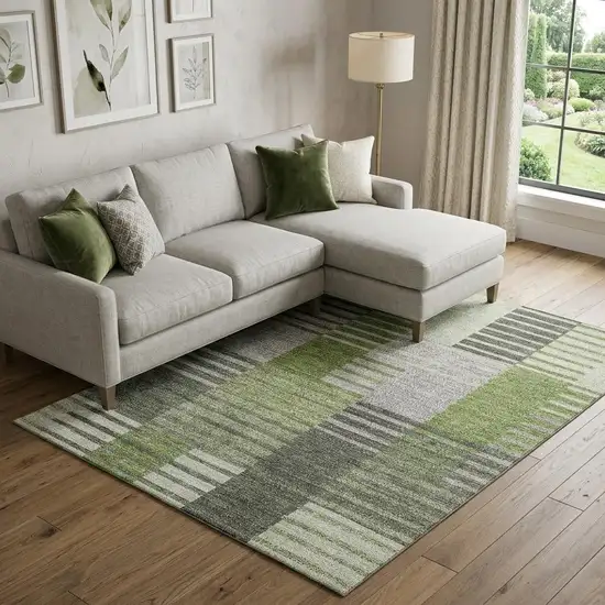 Green Ivory And Gray Striped Washable Area Rug With UV Protection Photo 1