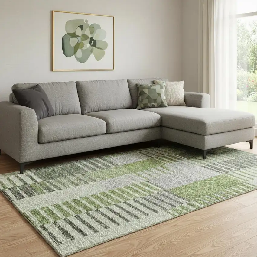 Green Ivory And Gray Striped Washable Area Rug With UV Protection Photo 1