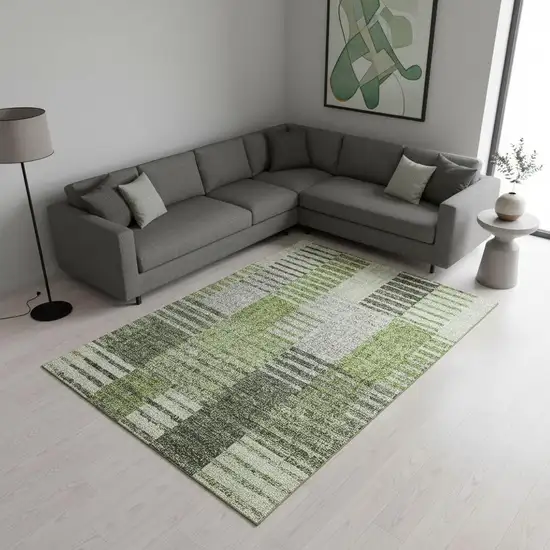 Green Ivory And Gray Striped Washable Area Rug With UV Protection Photo 1