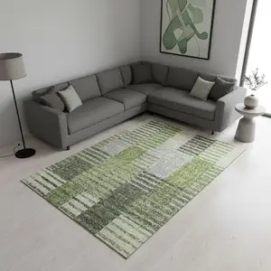Photo of Green Ivory And Gray Striped Washable Area Rug With UV Protection