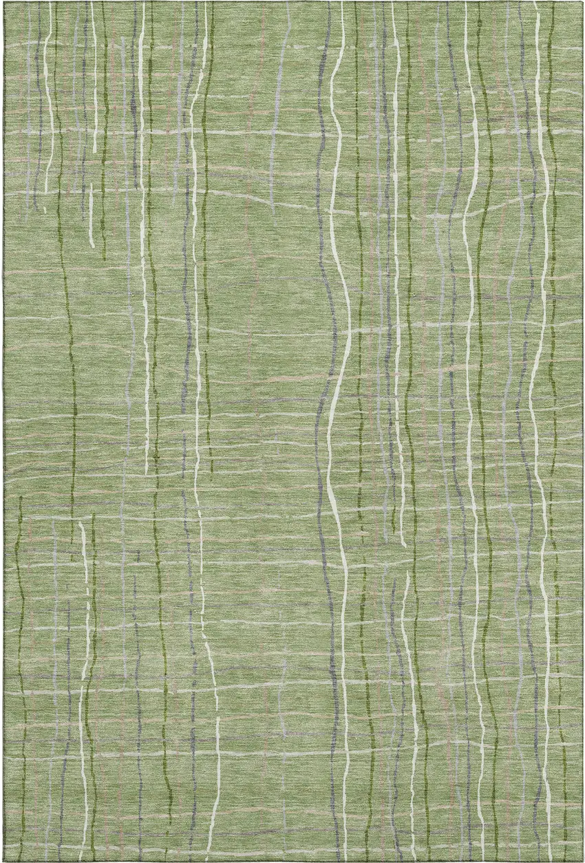Green Ivory And Gray Striped Washable Area Rug With UV Protection Photo 1