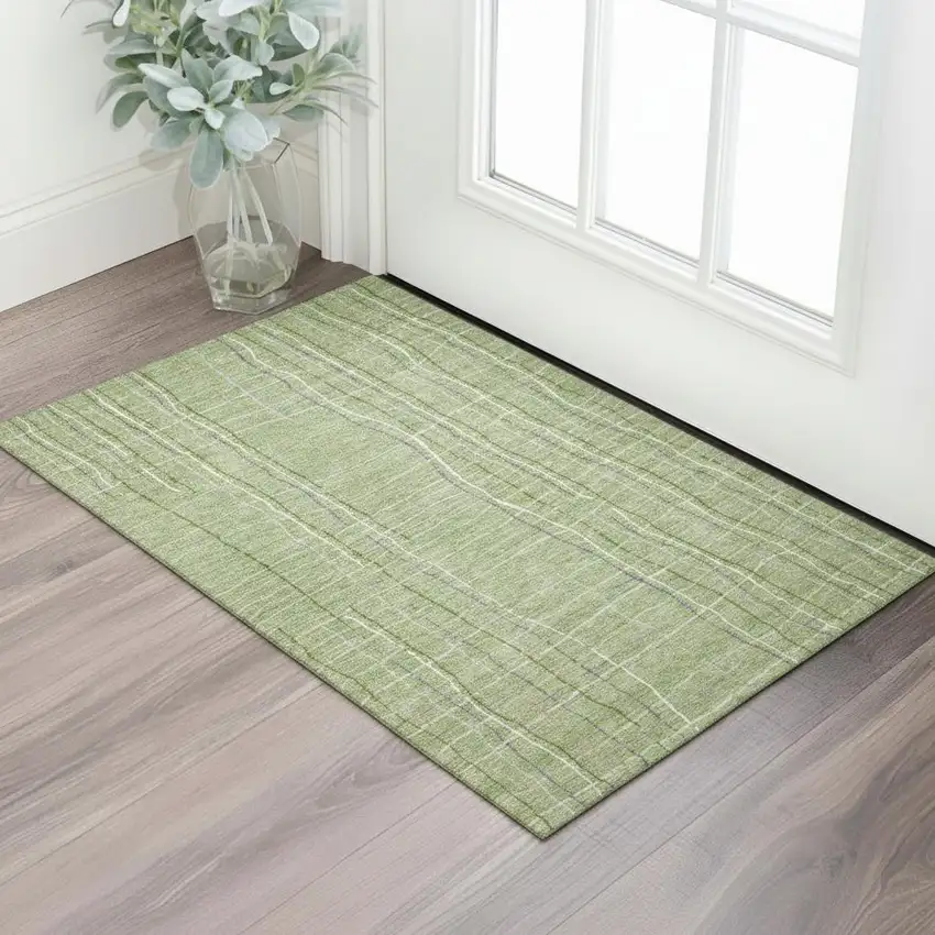 Green Ivory And Gray Striped Washable Area Rug With UV Protection Photo 2