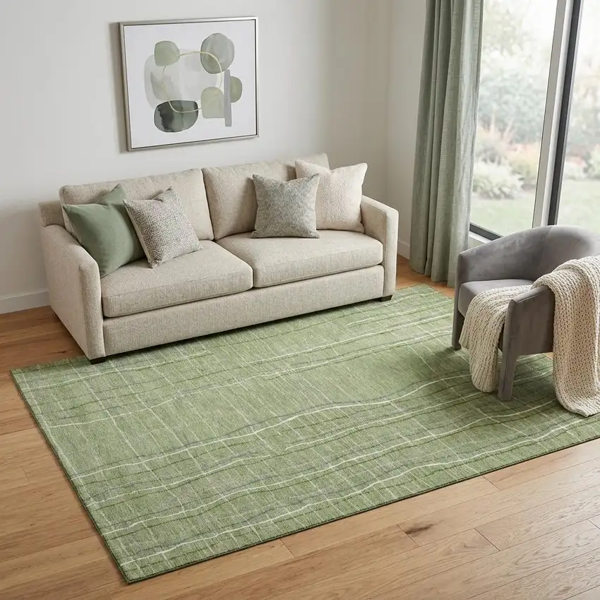 Green Ivory And Gray Striped Washable Area Rug With UV Protection Photo 1