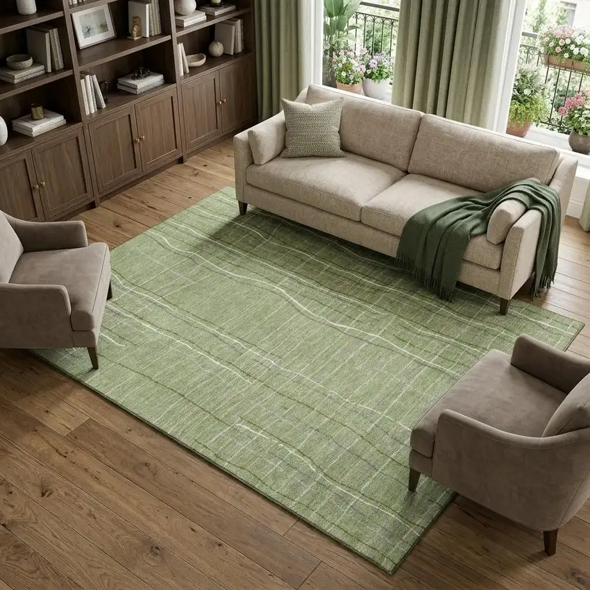 Green Ivory And Gray Striped Washable Area Rug With UV Protection Photo 1