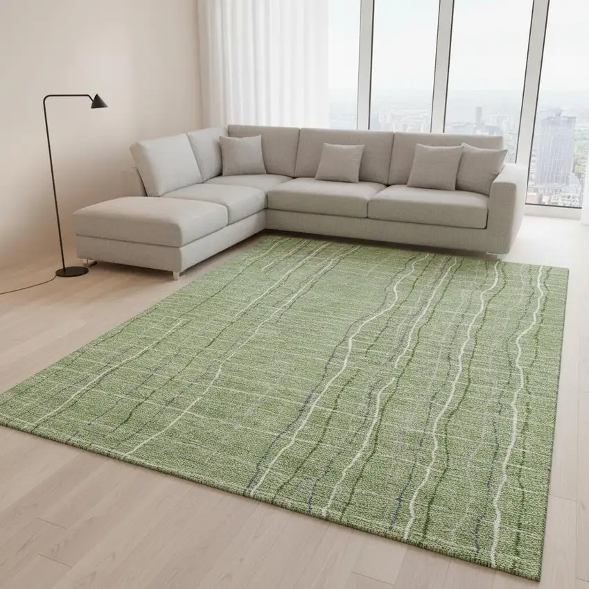 Green Ivory And Gray Striped Washable Area Rug With UV Protection Photo 2