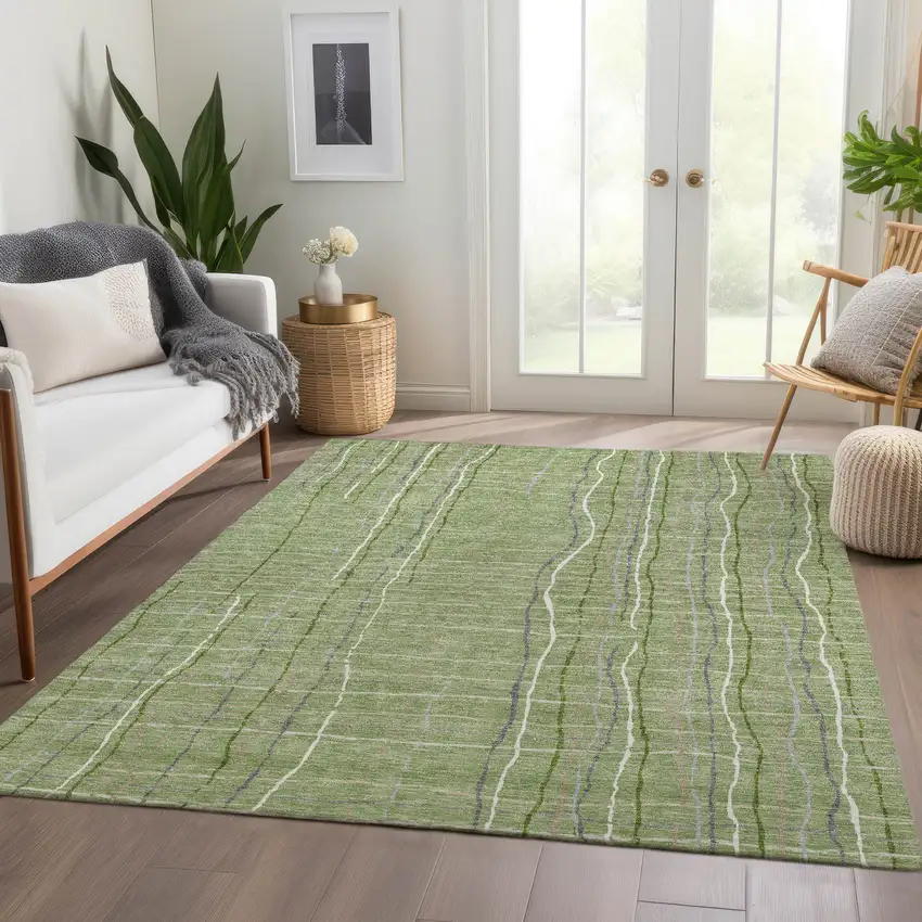 Green Ivory And Gray Striped Washable Area Rug With UV Protection Photo 5