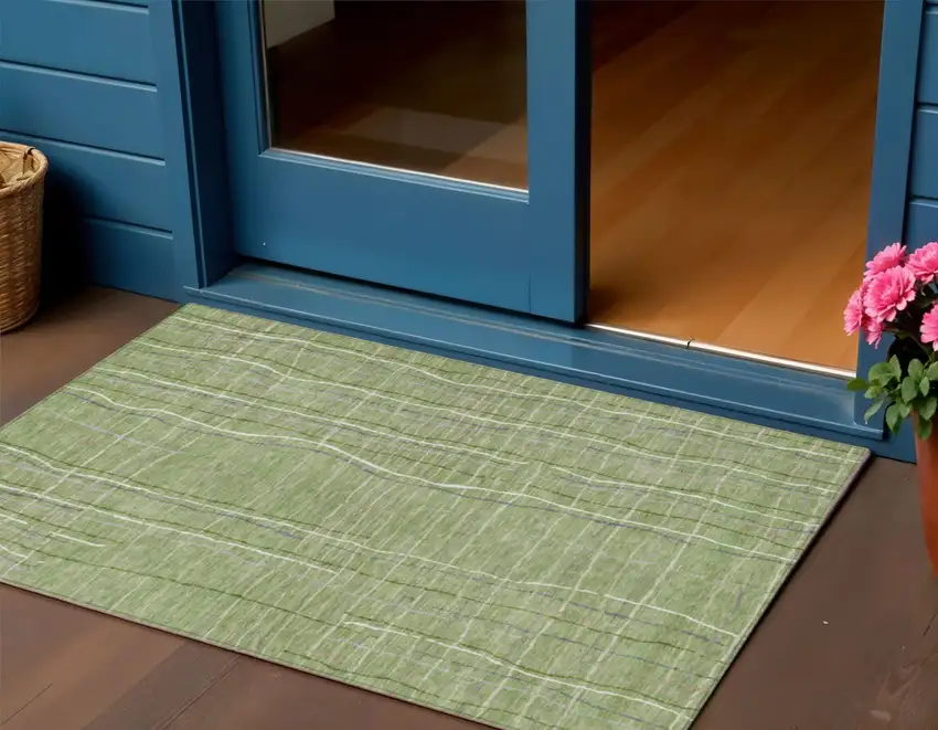 Green Ivory And Gray Striped Washable Indoor Outdoor Area Rug Photo 1