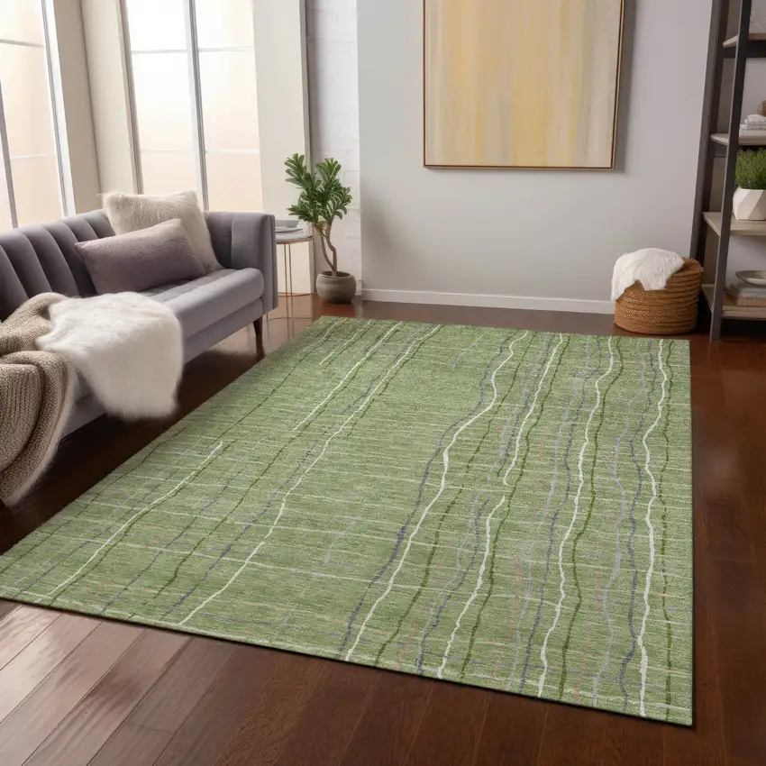 Green Ivory And Gray Striped Washable Indoor Outdoor Area Rug Photo 9