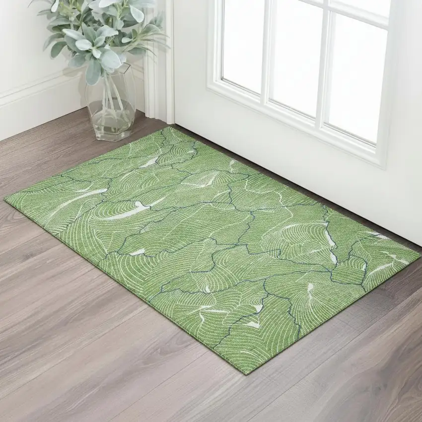 Green Ivory And Navy Blue Abstract Washable Area Rug With UV Protection Photo 2