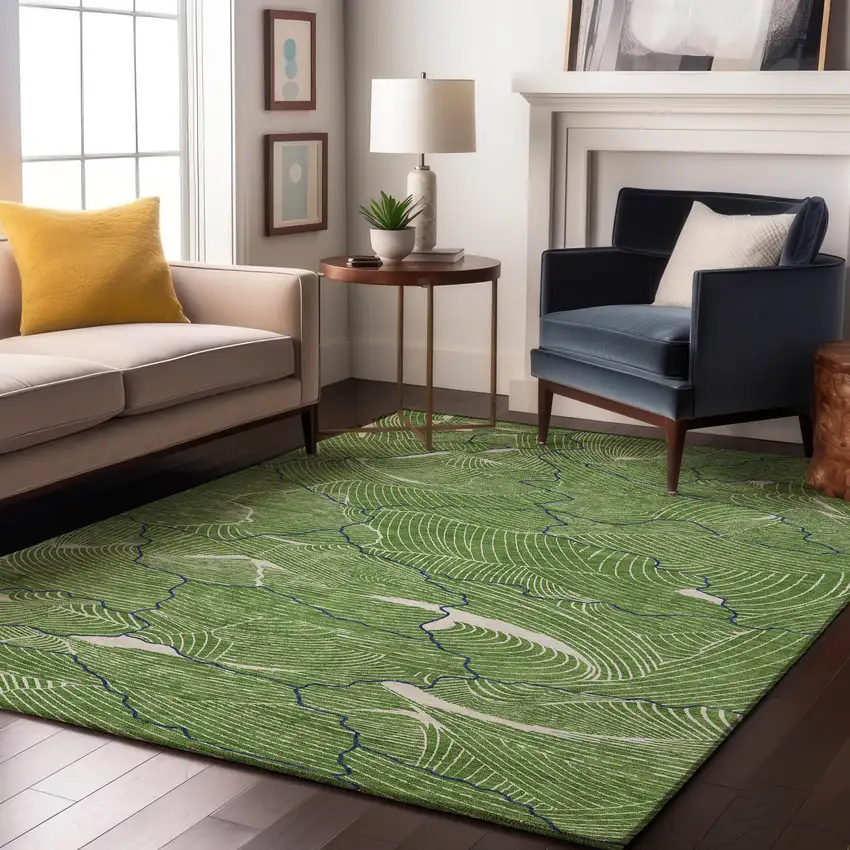 Green Ivory And Navy Blue Abstract Washable Area Rug With UV Protection Photo 3