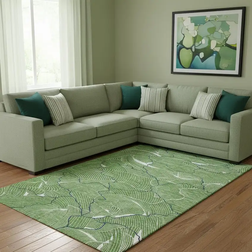 Green Ivory And Navy Blue Abstract Washable Area Rug With UV Protection Photo 2