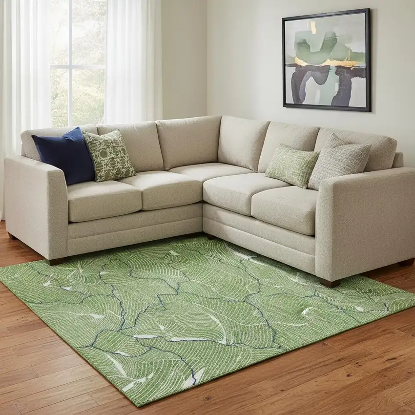 Green Ivory And Navy Blue Abstract Washable Area Rug With UV Protection Photo 2