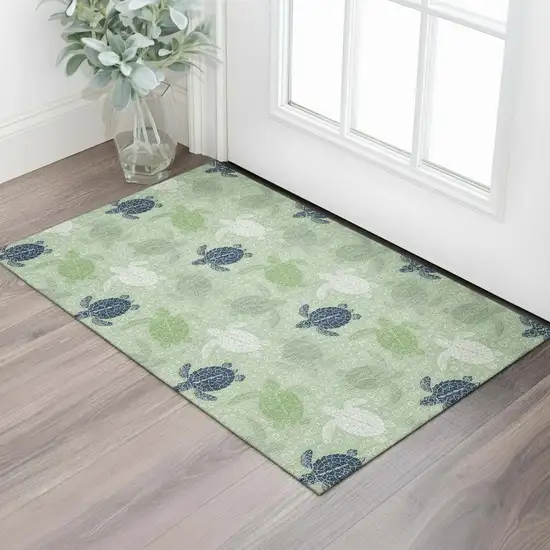 Green Ivory And Navy Blue Geometric Washable Area Rug With UV Protection Photo 1