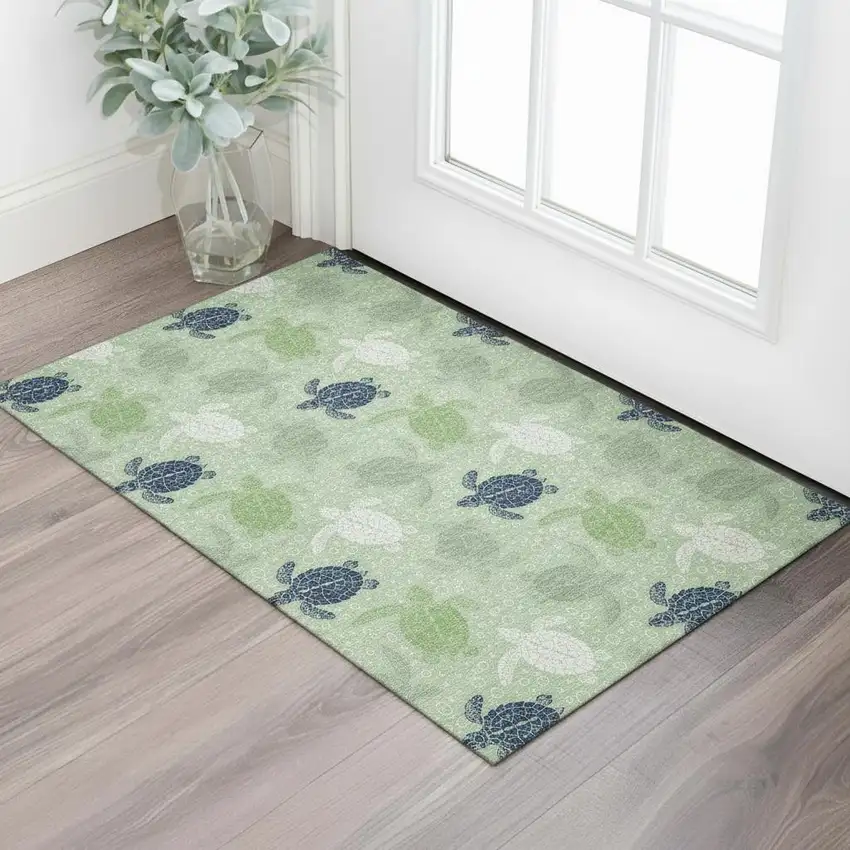 Green Ivory And Navy Blue Geometric Washable Area Rug With UV Protection Photo 1