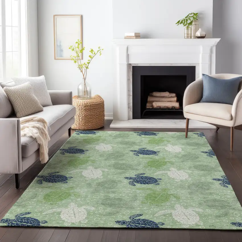 Green Ivory And Navy Blue Geometric Washable Area Rug With UV Protection Photo 6