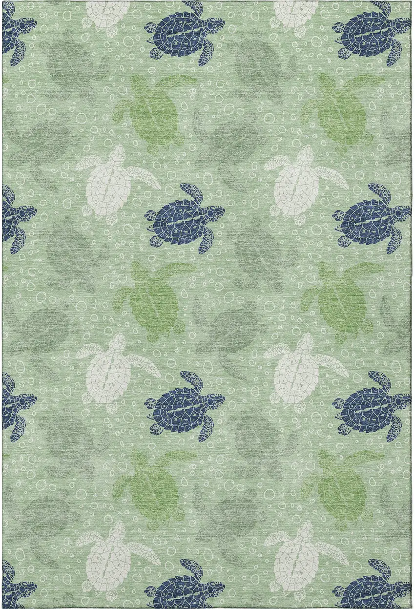 Green Ivory And Navy Blue Geometric Washable Area Rug With UV Protection Photo 4