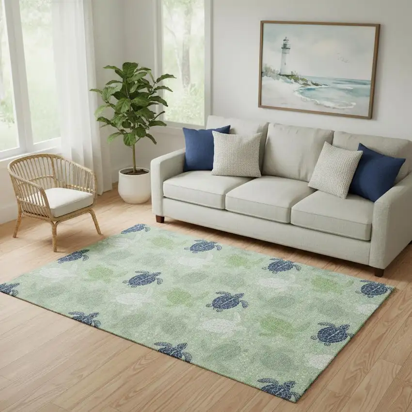 Green Ivory And Navy Blue Geometric Washable Area Rug With UV Protection Photo 1