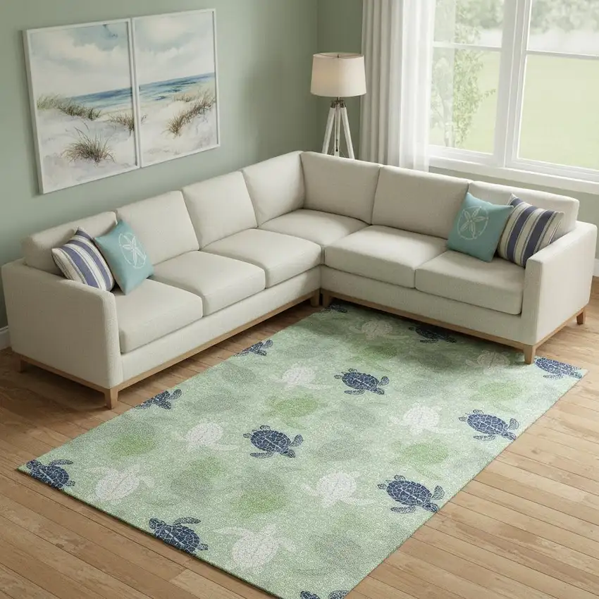 Green Ivory And Navy Blue Geometric Washable Area Rug With UV Protection Photo 1