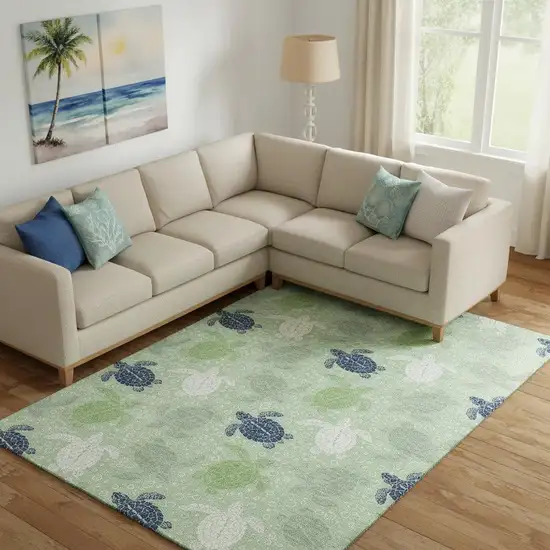 Green Ivory And Navy Blue Geometric Washable Area Rug With UV Protection Photo 1