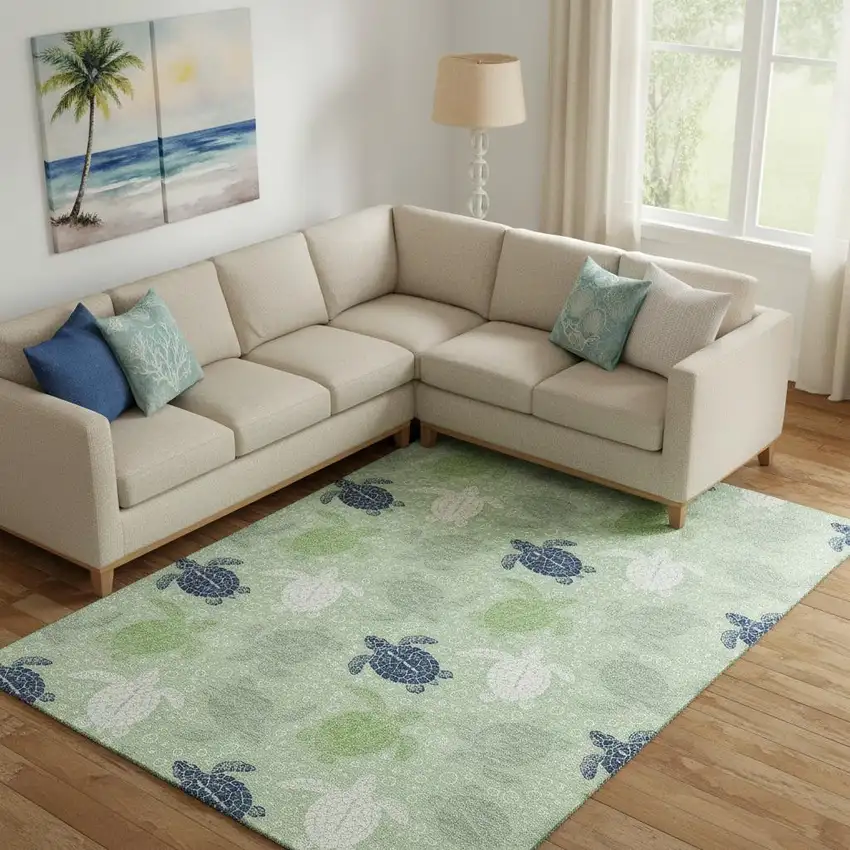 Green Ivory And Navy Blue Geometric Washable Area Rug With UV Protection Photo 1