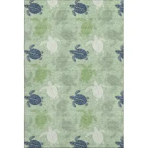 Photo of Green Ivory And Navy Blue Geometric Washable Area Rug With UV Protection