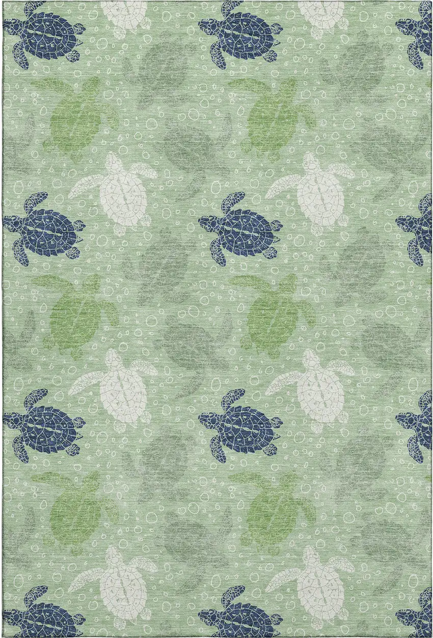 Green Ivory And Navy Blue Geometric Washable Area Rug With UV Protection Photo 1