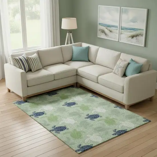 Green Ivory And Navy Blue Geometric Washable Area Rug With UV Protection Photo 1