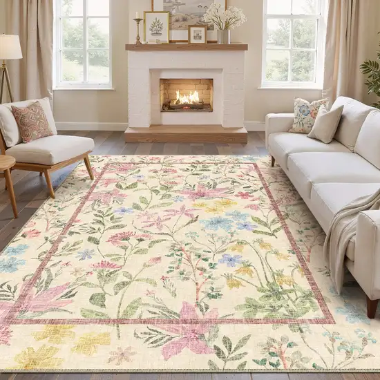 Green Ivory And Pink Floral Washable Area Rug Photo 2