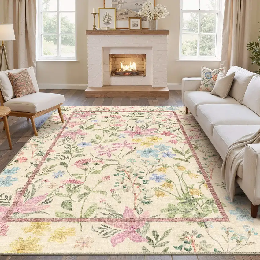Green Ivory And Pink Floral Washable Area Rug Photo 2