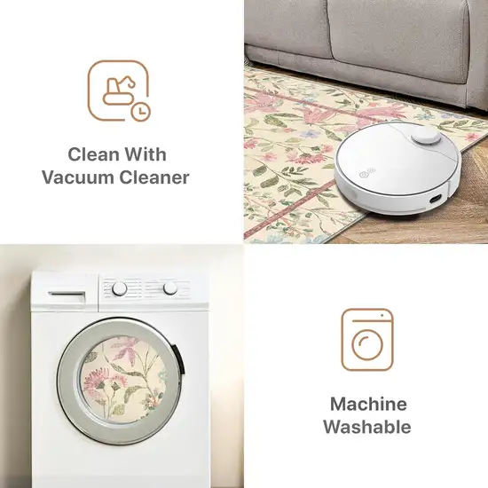 Green Ivory And Pink Floral Washable Area Rug Photo 7