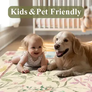 Photo of Green Ivory And Pink Floral Washable Area Rug