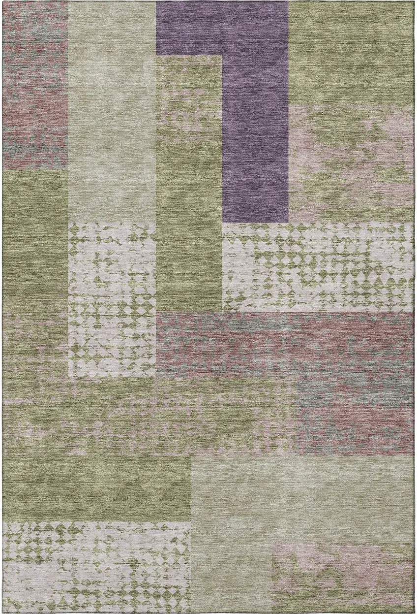 Green Ivory And Purple Geometric Washable Area Rug With UV Protection Photo 2