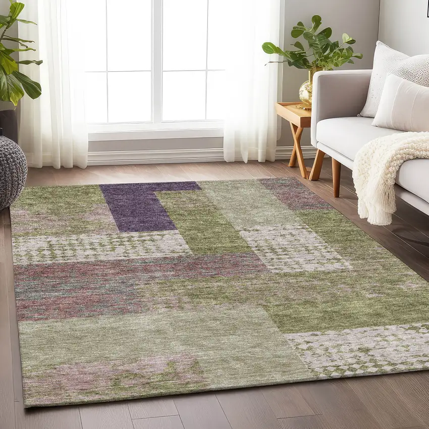 Green Ivory And Purple Geometric Washable Area Rug With UV Protection Photo 3
