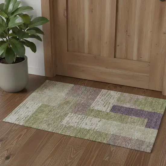 Green Ivory And Purple Geometric Washable Area Rug With UV Protection Photo 2