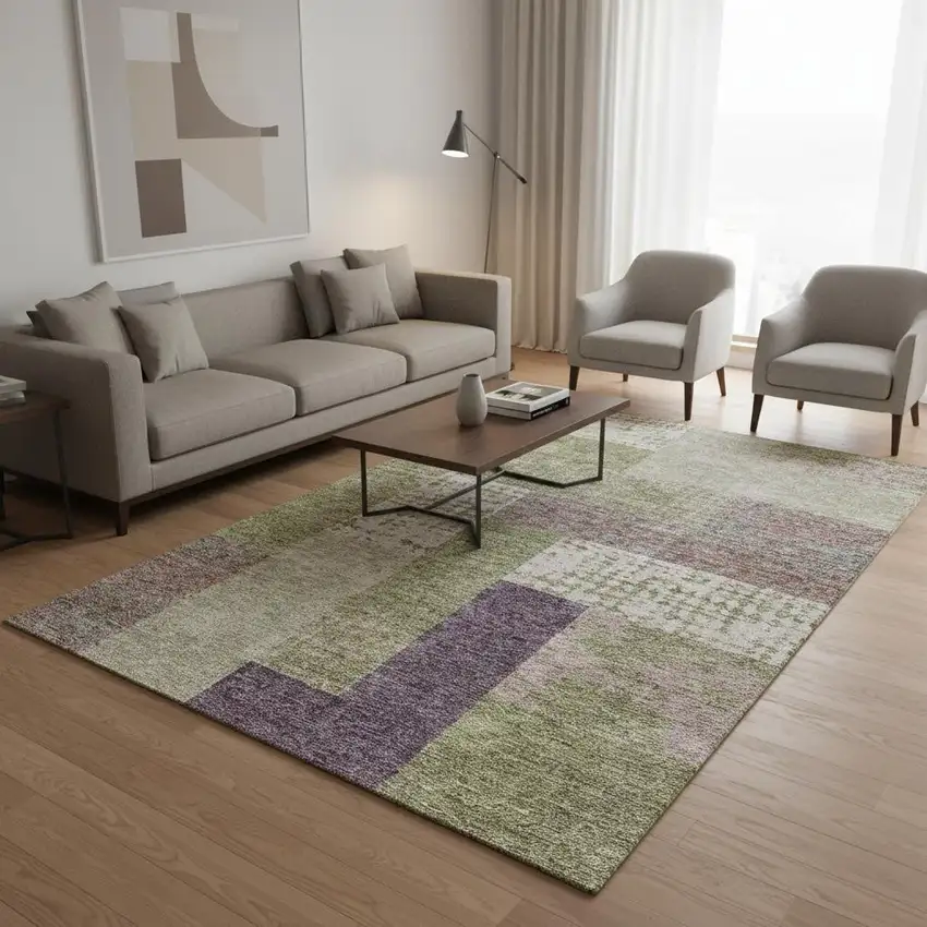 Green Ivory And Purple Geometric Washable Area Rug With UV Protection Photo 2