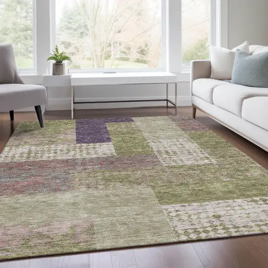 Green Ivory And Purple Geometric Washable Area Rug With UV Protection Photo 5
